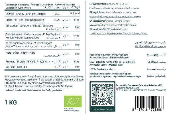 Cúrcuma en Polvo BIO - 500g-trasera