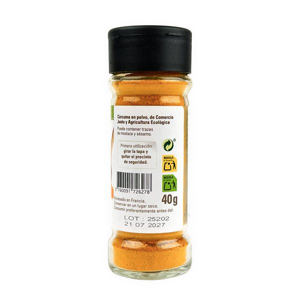 Poudre de curcuma bio en pot de verre 40g-izquierda