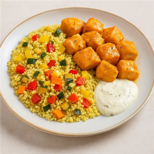 Dados de Pollo a la Naranja con Cuscús-detalle