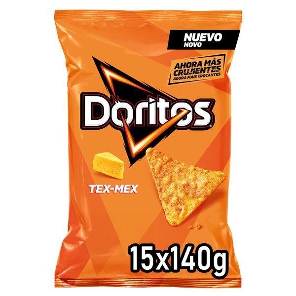 DORITOS Tex Mex Nachos de Maïs Saveur Fromage pour Apéritif et Fêtes, Sacs Individuels de 140 g, Pack de 15 (avec ou sans cadeau)-detalle
