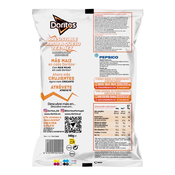 DORITOS Tex Mex Nachos de Maïs Saveur Fromage pour Apéritif et Fêtes, Sacs Individuels de 140 g, Pack de 15 (avec ou sans cadeau)-lateral
