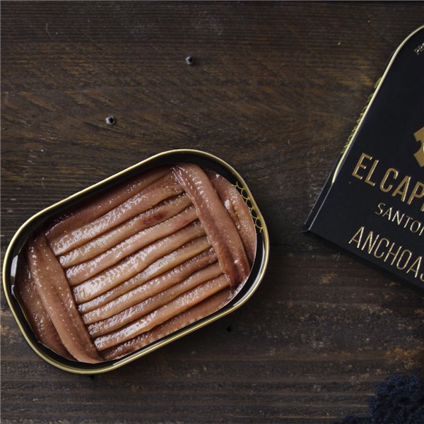 EL CAPRICHO, Filetes de Anchoa de Santoña Dingley M en Aceite de Oliva Virgen Extra, 18 Filetes, Peso: 95 g Neto, 50 g Escurrido-izquierda