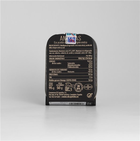 EL CAPRICHO, Filetes de Anchoa de Santoña Dingley M en Aceite de Oliva Virgen Extra, 18 Filetes, Peso: 95 g Neto, 50 g Escurrido-trasera