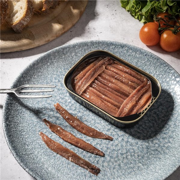 EL CAPRICHO, Filetes de Anchoa de Santoña Dingley S en Aceite de Girasol Alto Oleico, 24 Filetes, Peso: 95 g Neto, 50 g Escurrido-izquierda