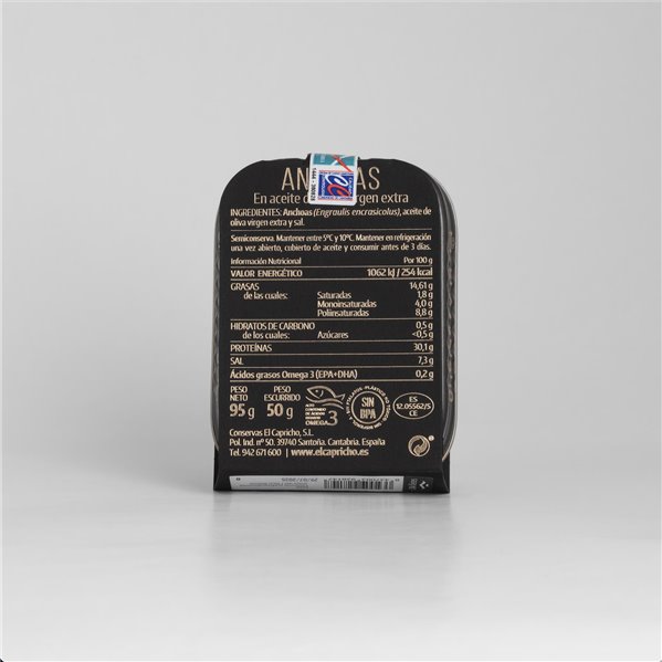 EL CAPRICHO, Filetes de Anchoa de Santoña Dingley S en Aceite de Oliva Virgen Extra, 24 Filetes, Peso: 95 g Neto, 50 g Escurrido-trasera