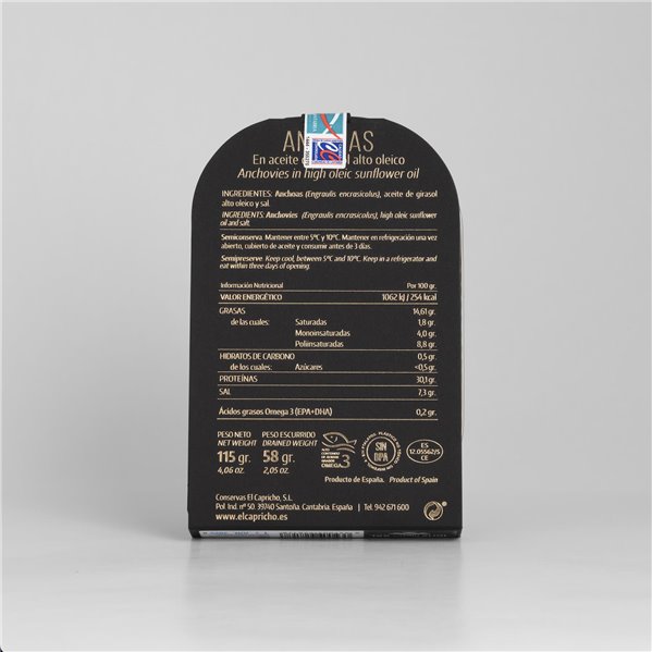 EL CAPRICHO, Filetes de Anchoa de Santoña Hansa XL en Aceite de Girasol Alto Oleico, 14–16 Filetes, Peso: 115 g Neto, 58 g Escurrido-trasera