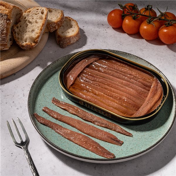 EL CAPRICHO, Filetes de Anchoa de Santoña Hansa XL en Aceite de Oliva Virgen Extra, 14–16 Filetes, Peso: 115 g Neto, 58 g Escurrido-izquierda