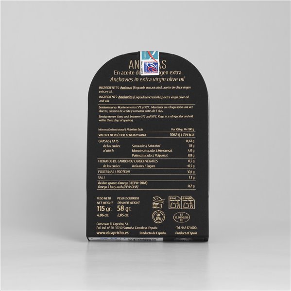 EL CAPRICHO, Filetes de Anchoa de Santoña Hansa XL en Aceite de Oliva Virgen Extra, 14–16 Filetes, Peso: 115 g Neto, 58 g Escurrido-trasera