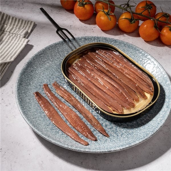 EL CAPRICHO, Filetes de Anchoa de Santoña Hansa XXL en Aceite de Girasol Alto Oleico, 10–12 Filetes, Peso: 115 g Neto, 58 g Escurrido-izquierda