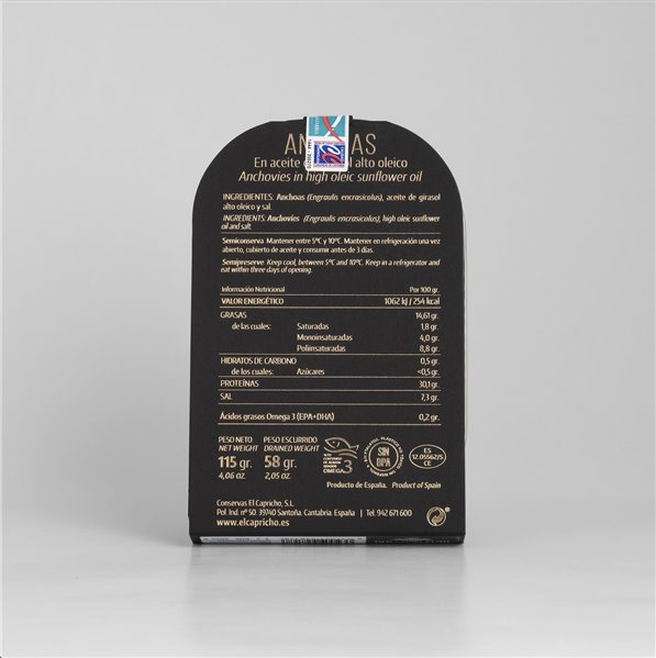EL CAPRICHO, Filetes de Anchoa de Santoña Hansa XXL en Aceite de Girasol Alto Oleico, 10–12 Filetes, Peso: 115 g Neto, 58 g Escurrido-trasera