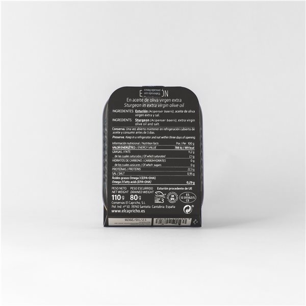 EL CAPRICHO, Santoña, Esturión, Aceite de Oliva Virgen Extra, Peso: 110 g Neto, 80 g Escurrido-izquierda