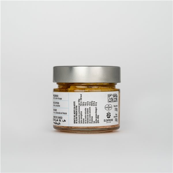 EL CAPRICHO, Santoña, Tronco de Bonito Millesine en Aceite de Oliva Virgen Extra, Peso: 170 g Neto, 110 g Escurrido-izquierda