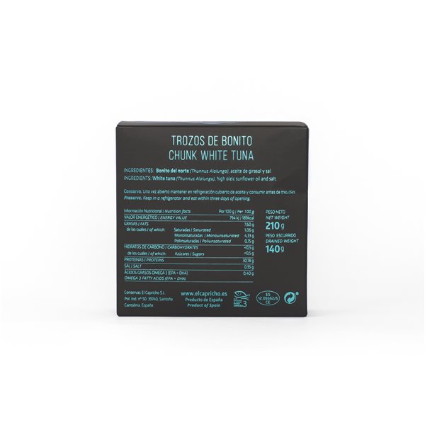 EL CAPRICHO, Santoña, Trozos de Bonito en Aceite de Girasol, Peso: 210 g Neto, 140 g Escurrido-izquierda