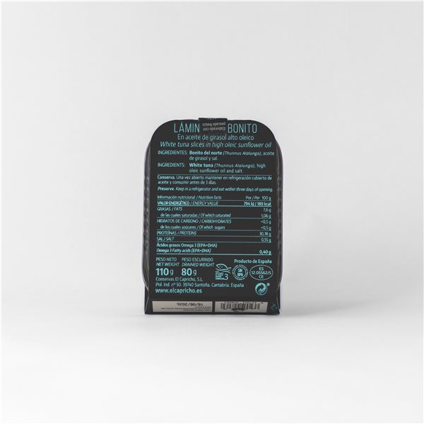 EL CAPRICHO, Santoña, Ventresca de Bonito del Norte en Aceite de Girasol, Peso: 110 g Neto, 80 g Escurrido-trasera