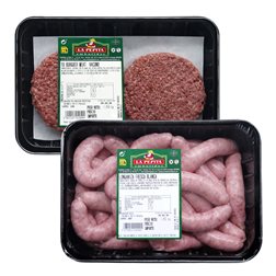 EMBUTIDOS LA PEPITA – Family Pack: Fresh White Longaniza 1.2 kg + Beef Burger Meat (10 pcs.) | Packaged in Protective Atmosphere | Store at 0–4 ºC | Spanish Product