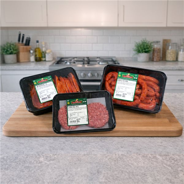 EMBUTIDOS LA PEPITA – Familienpackung: Rote Frischlonganiza 1,2 kg + Marinierter Lendenbraten 1,2 kg + Gemischtes Burgerfleisch (10 Stück) | Verpackt in Schutzatmosphäre | Lagern bei 0–4 ºC | Spanisches Produkt-izquierda