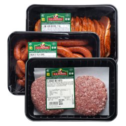 EMBUTIDOS LA PEPITA – Family Pack: Fresh Red Longaniza 1.2 kg + Marinated Loin 1.2 kg + Mixed Burger Meat (10 pcs.) | Packed in Protective Atmosphere | Store at 0–4 ºC | Spanish Product