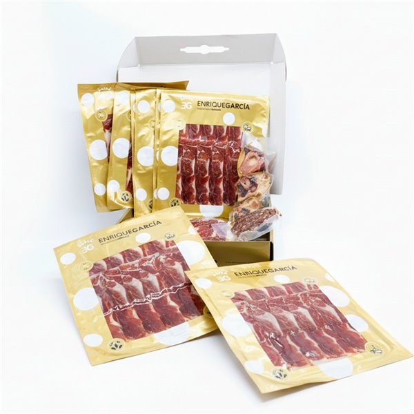 ENRIQUE GARCÍA - Iberischer Schinken 75% Iberische Rasse, Kofferbox mit 100 g Beuteln ca., Knochen und Spänen.-trasera