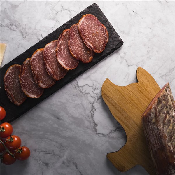 ENRIQUE GARCÍA - Gemischte Iberische Eichelschinken-Auswahl, Geschenkbox mit halber Chorizo, halber Salami und halbem 100% iberischem Lendenstück, ca. 650 g pro Stück.-izquierda
