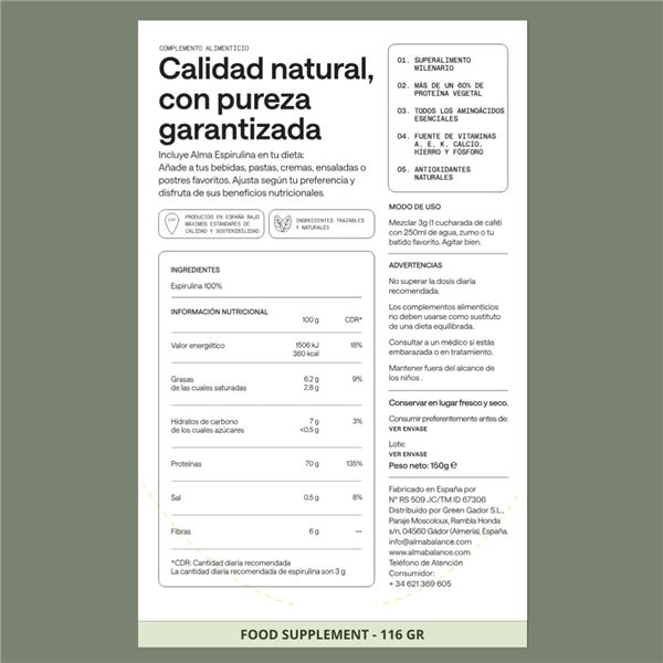 Espirulina 100% en polvo cultivada en España-lateral