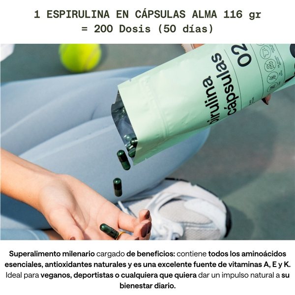 Espirulina en Capsulas ALMA 200 Uds (116 gr) | Espirulina Comprimidos 100% Vegano, Sin Gluten, Sin Azúcares Añadidos, Hecho en España | Spirulina pura en Cápsulas Vegetales | Fácil de Tomar-trasera