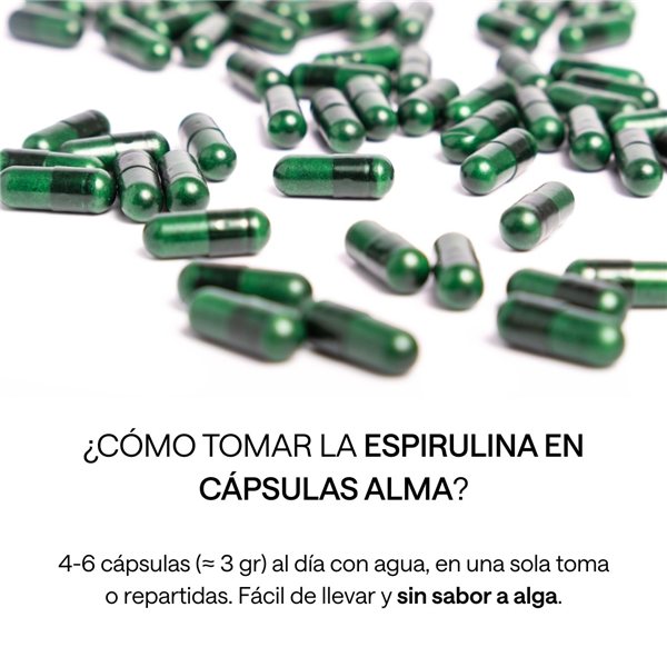 Spirulina in Capsules ALMA 400 Units (232 g) | Spirulina Tablets 100% Vegan, Gluten-Free, No Added Sugars, Made in Spain | Pure Spirulina in Vegetable Capsules | Easy to Take-izquierda