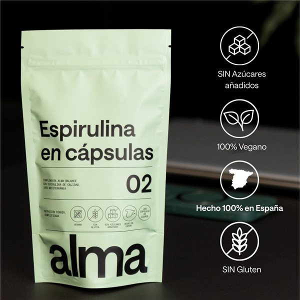 Spirulina in Capsules ALMA 400 Units (232 g) | Spirulina Tablets 100% Vegan, Gluten-Free, No Added Sugars, Made in Spain | Pure Spirulina in Vegetable Capsules | Easy to Take-lateral