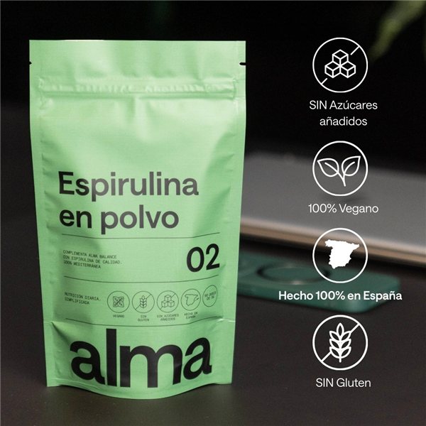 Espirulina en Polvo 100% Pura ALMA (116 gr) Ingrediente Único | Spirulina Vegana, Sin Gluten, Sin Azúcares Añadidos y Hecha en España – Superalimento Verde para Agua, Zumos y Batidos-trasera