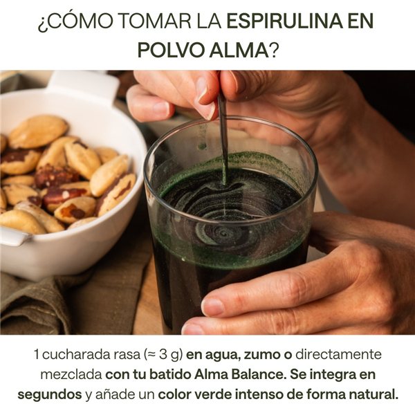 Espirulina en Polvo 100% Pura ALMA (232 gr) Ingrediente Único | Spirulina Vegana, Sin Gluten, Sin Azúcares Añadidos y Hecha en España – Superalimento Verde para Agua, Zumos y Batidos-izquierda