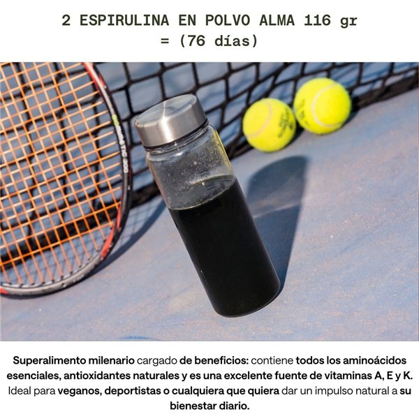 Espirulina en Polvo 100% Pura ALMA (232 gr) Ingrediente Único | Spirulina Vegana, Sin Gluten, Sin Azúcares Añadidos y Hecha en España – Superalimento Verde para Agua, Zumos y Batidos-lateral