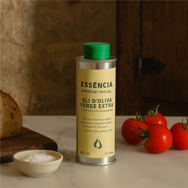 Essència – Aceite de Oliva Virgen Extra Picual - Cosecha Temprana - Lata 250 ml-lateral