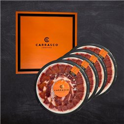 Estuche mit 4 runden Tellern mit 100% iberischem Bellota-Schinken, handgeschnitten.