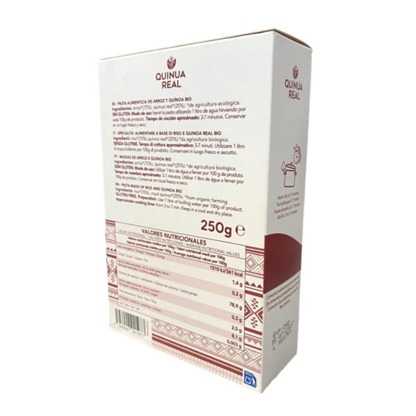 Fideos de quinoa real y arroz Bio 250g Quinua Real se traduce al francés como:

"Nouilles de quinoa royal et riz bio 250g Quinua Real."-detalle