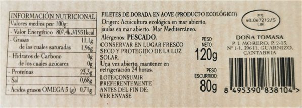 Filets de daurade bio dans de l'huile d'olive vierge extra 120g.-trasera