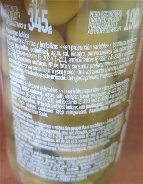 Glas Cocktail aus Oliven, Gurken und Frühlingszwiebeln 345g-trasera