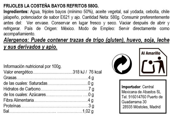 Refried Bayo Beans "La Costeña" 580g-detalle