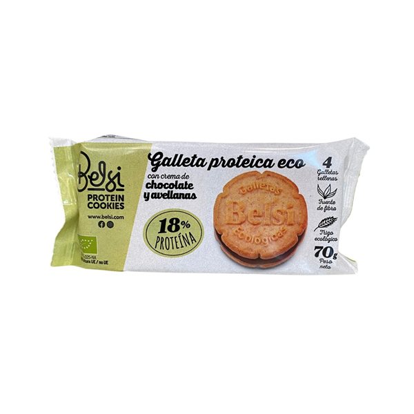 Biscuits protéinés bio fourrés chocolat noisette 16x70g Belsi-lateral