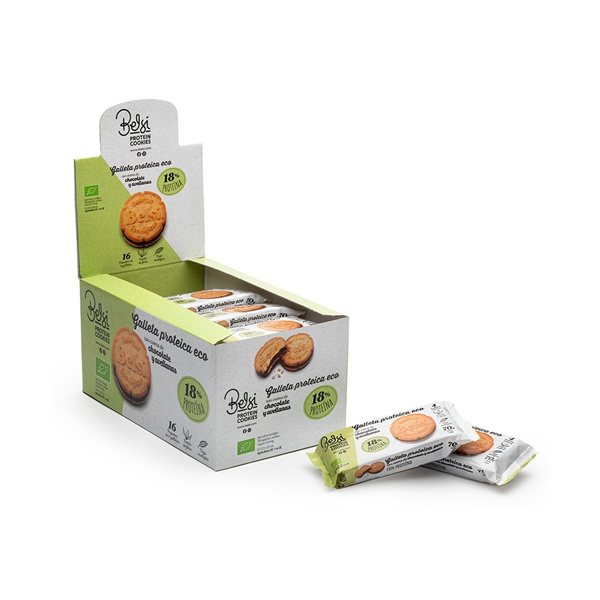 Biscuits protéinés bio fourrés chocolat noisette 16x70g Belsi-trasera