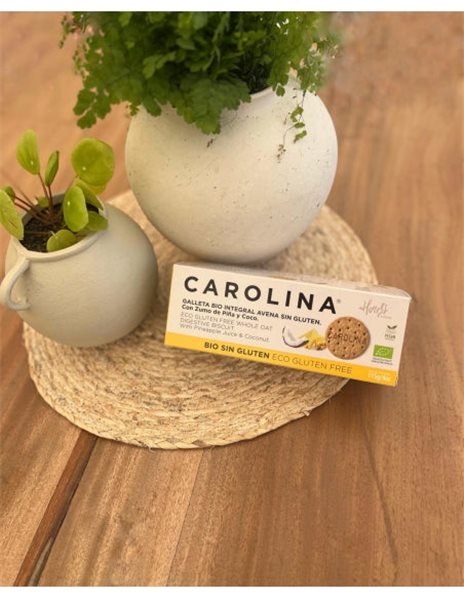 Whole grain organic gluten-free oat digestive biscuit with pineapple juice and grated coconut. Vegan-izquierda