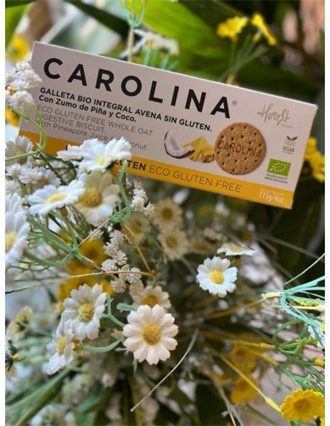 Whole grain organic gluten-free oat digestive biscuit with pineapple juice and grated coconut. Vegan-trasera