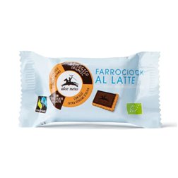 Spelt biscuits covered with Alce Nero 28g single-dose milk chocolate.