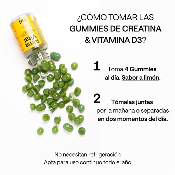 Gommes de Créatine Creavitalis®, Vitamine D3 et Spiruline Hydrolysée | 120 Gommes Alma Vital sans sucre, créatine avec 99,9 % de pureté, véganes et au goût de citron.-detalle