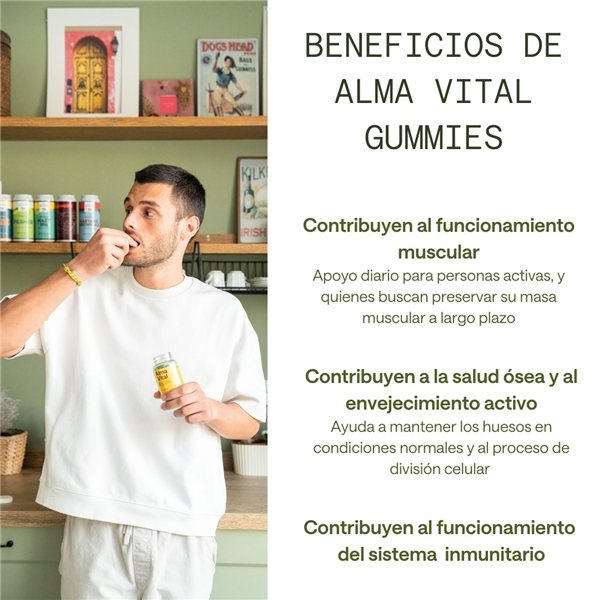 Gommes de Créatine Creavitalis®, Vitamine D3 et Spiruline Hydrolysée | 120 Gommes Alma Vital sans sucre, créatine avec 99,9 % de pureté, véganes et au goût de citron.-izquierda