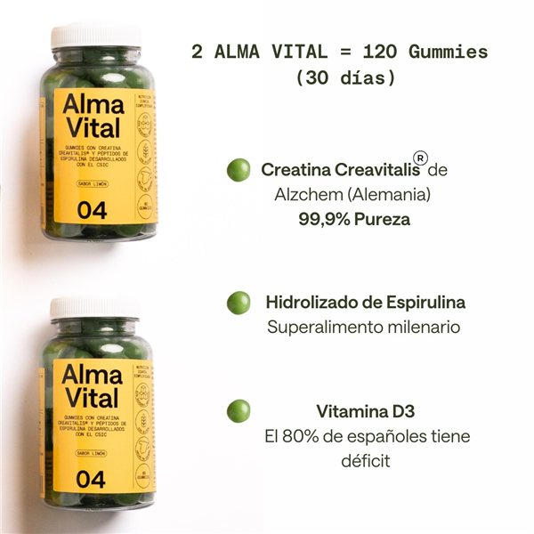 Gommes de Créatine Creavitalis®, Vitamine D3 et Spiruline Hydrolysée | 120 Gommes Alma Vital sans sucre, créatine avec 99,9 % de pureté, véganes et au goût de citron.-lateral