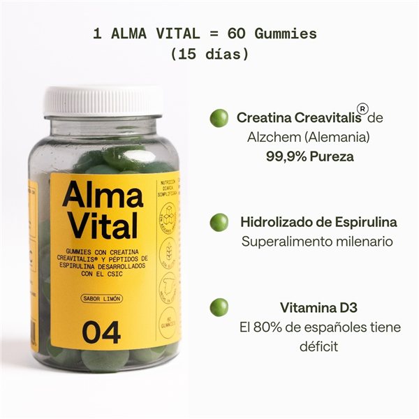 Gominolas de Creatina Creavitalis®, Vitamina D3 y Espirulina Hidrolizada | 60 Alma Vital Gummies sin azúcar, creatina con 99,9% de pureza, veganas y con sabor a limón-lateral