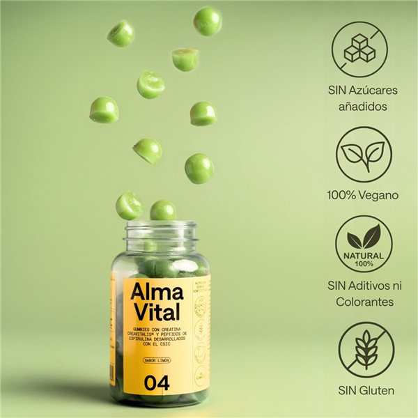 Gominolas de Creatina Creavitalis®, Vitamina D3 y Espirulina Hidrolizada | 60 Alma Vital Gummies sin azúcar, creatina con 99,9% de pureza, veganas y con sabor a limón-trasera