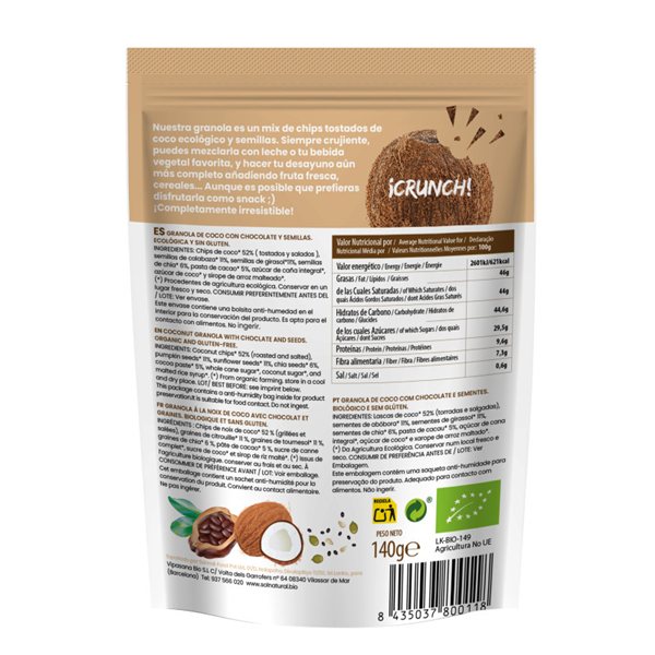Cremige Granola mit Kokosnuss, Schokolade und Bio-Samen 140g Sol Natural-detalle