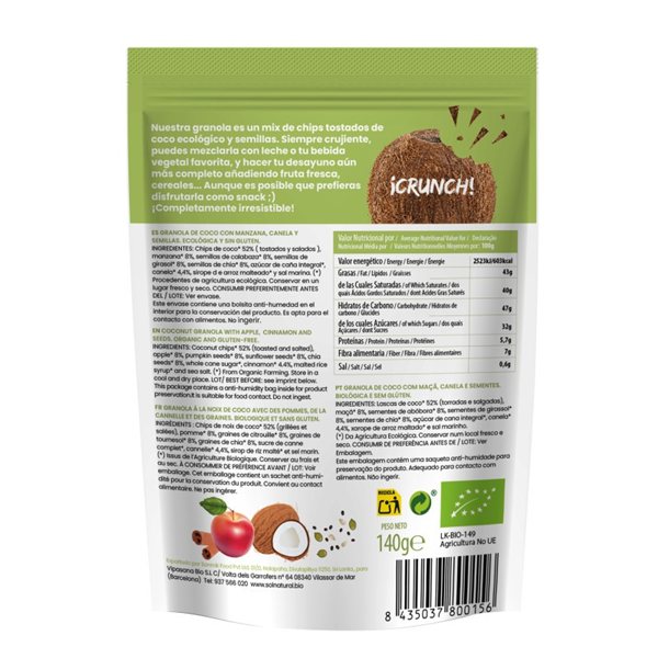 Granola crunchy de Coco con Manzana, Canela y Semillas Bio 140g Sol Natural-detalle