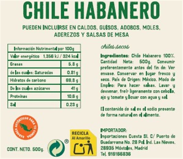 Getrockneter Habanero El Sarape 100gr 100g-trasera