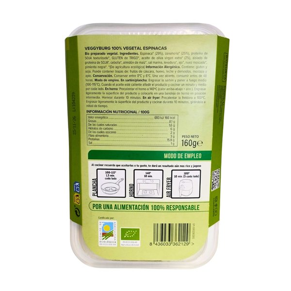 Burger (organic garden) Spinach 100% plant-based Organic 160g AHIMSA-trasera